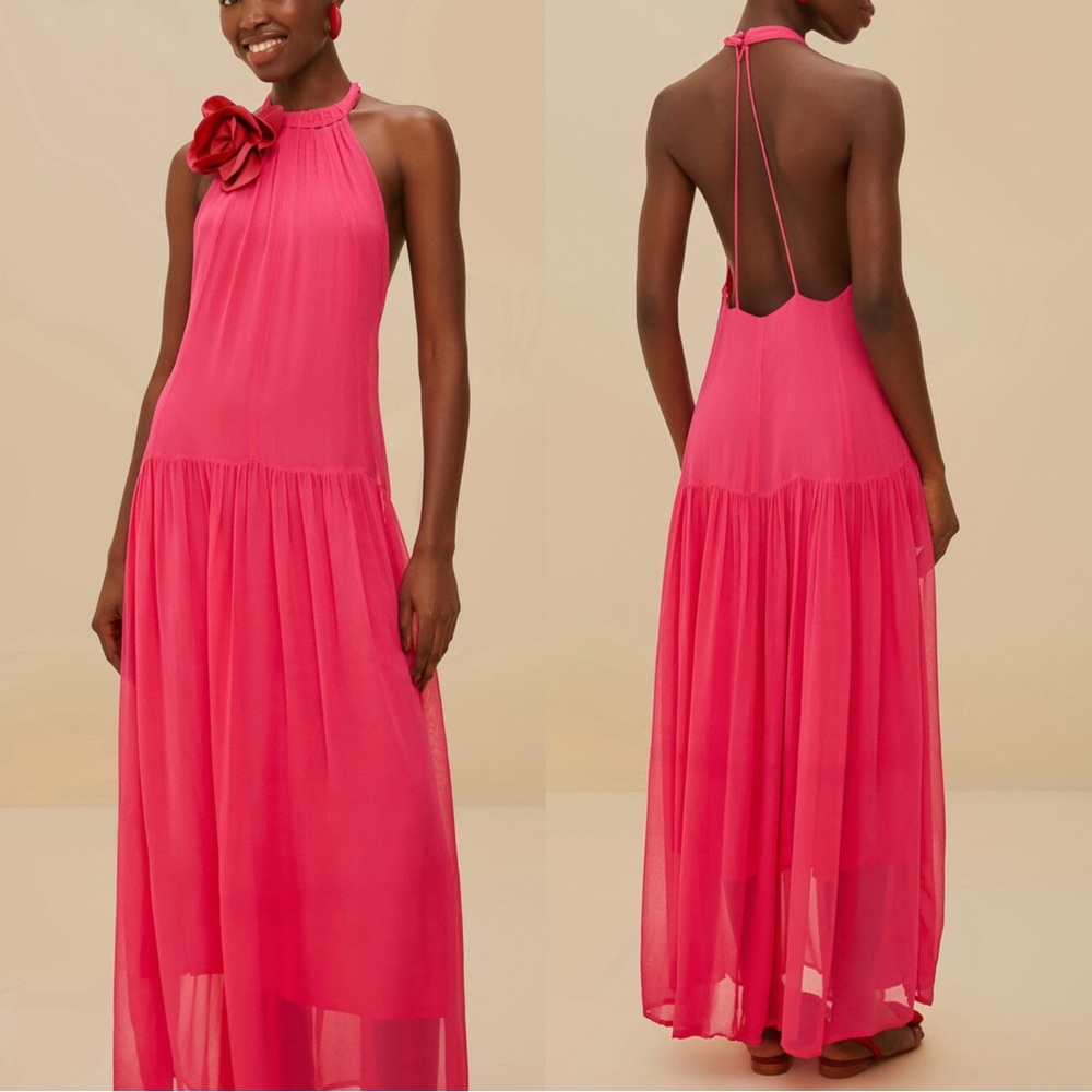 FARM Rio Vibrant Pink Halter Glower Maxi Dress